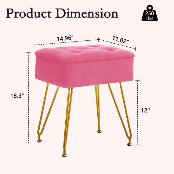 ALeesing Schminkhocker mit Stauraum, quadratischer Samt-Make-up-Schminkstuhl mit Metallbeinen und verstellbaren goldfarbenen Füßen, Klapp-Top-Ottomane, Fußstütze mit weich gepolstertem Sitz für