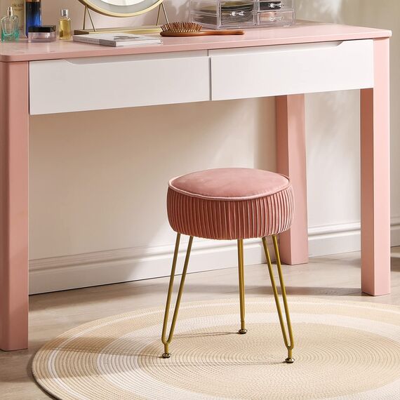 IBUYKE Samt Runde Fußstütze Hocker Ottoman, Make-up Eitelkeits Beistelltisch, Samt Ankleidetisch Sitz, Pouf Couch Hocker, goldene Stahlbeine, rosa L/G-30P