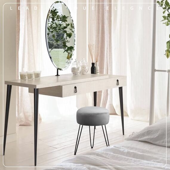 LUE BONA Schminkhocker, grauer Schminkhocker für Make-up-Raum, runder Ottoman-Fußhocker, Samt-Fußstütze, Schminkstuhl für Badezimmer, Schlafzimmer, Wohnzimmer, Eingangsbereich, Büros