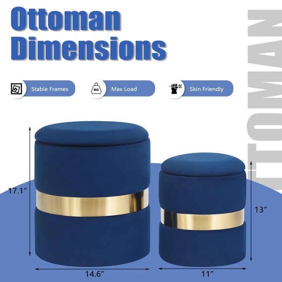 Joveco Runde Ottomane aus Samt, 2er-Set, Fußstütze, gepolsterter Fußhocker, Beistelltisch, Sitz, Make-up-Hocker mit Metallband (blau)
