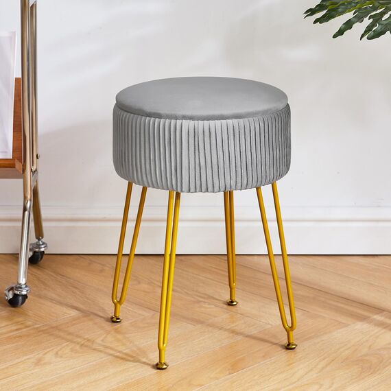IBUYKE Samt Speicher Fußstütze Hocker Ottoman, Make-up Eitelkeits Hocker Beistelltisch mit goldenen Stahlbeinen abnehmbare Abdeckung, Couchtisch Top Cover, grau L/G-20G