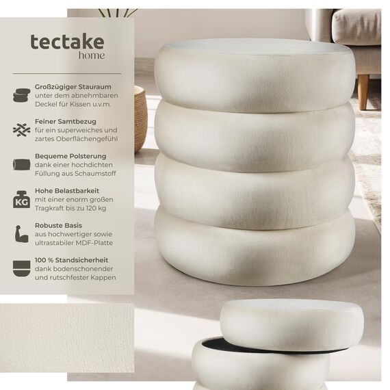 tectake® Hocker mit Stauraum, Scandi Sitzhocker Samt Stoff, Pouf, Polsterhocker rund für Schminktisch, Wohnzimmer Möbel, als Flur Möbel, Stauhocker Wohnen, Ø 42 x 47 cm - Samtoptik Creme-weiß