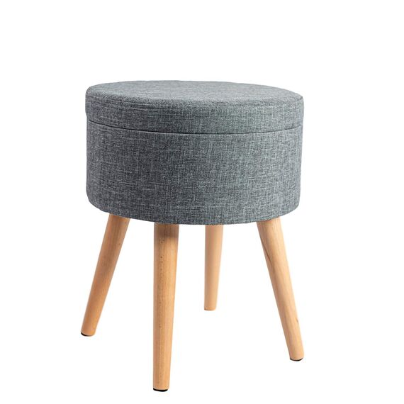 Theo&Cleo Hocker mit Stauraum,Sitzhocker Holzbeine,Runder Hoher Schemel,Aufbewahrung Schlafzimmer mit Deckel,Schminktisch Stuhl,Fußhocker für Wohnzimmer,Soft Sitzkissen aus Linen,36cm*36cm*45cm Grau