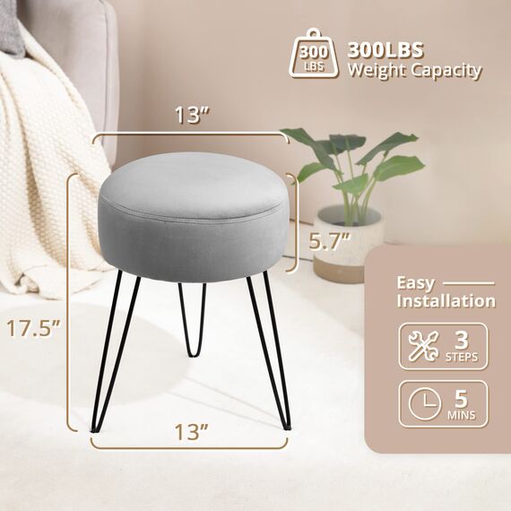 LUE BONA Schminkhocker, grauer Schminkhocker für Make-up-Raum, runder Ottoman-Fußhocker, Samt-Fußstütze, Schminkstuhl für Badezimmer, Schlafzimmer, Wohnzimmer, Eingangsbereich, Büros