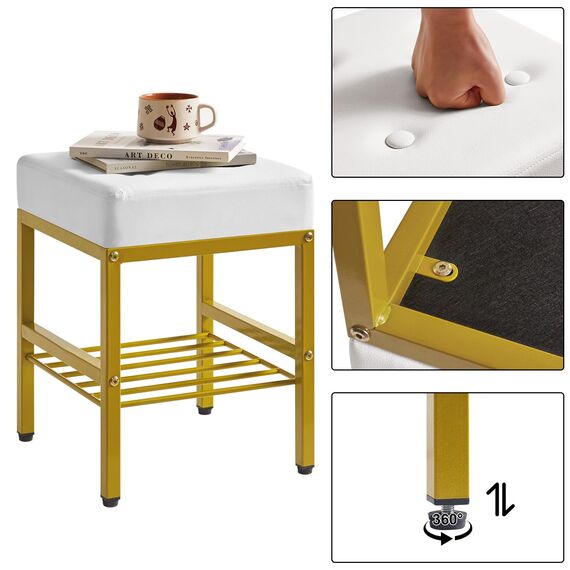 IBUYKE Quadratischer Make-up-Hocker mit justierbaren Füßen und Stauraum, Fußstützenstuhl, PU-Sitz Eitelkeitshocker, Multi-Use als Kleiner Beistelltisch oder Ottoman, für Schlafzimmer, Weiß L/G-60W