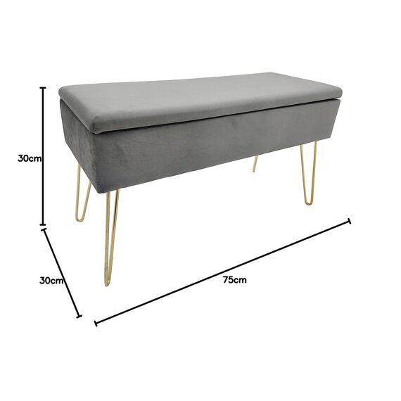 ECHTWERK Sitzbank “Scarlett“, Polsterbank mit Samtbezug, Aufbewahrungstruhe rechteckig, Schminkbank mit Stauraum, Aufbewahrungsbank mit Metallbeine, 75 x 30 x 41,5 cm, Polyester-Mischung, Grau