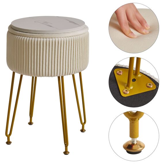 IBUYKE Samt Speicher Fußstütze Hocker Ottoman, Make-up Eitelkeits Hocker Beistelltisch mit goldenen Stahlbeinen abnehmbare Abdeckung, Couchtisch Top Cover, Weiß L/G-20M