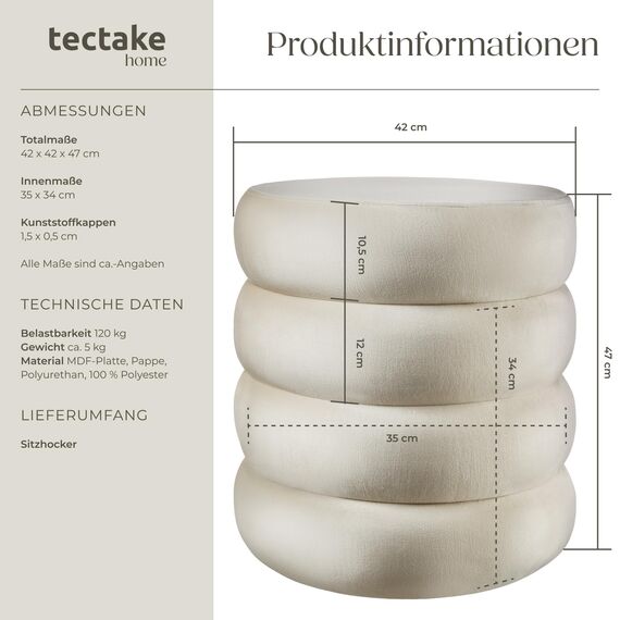 tectake® Hocker mit Stauraum, Scandi Sitzhocker Samt Stoff, Pouf, Polsterhocker rund für Schminktisch, Wohnzimmer Möbel, als Flur Möbel, Stauhocker Wohnen, Ø 42 x 47 cm - Samtoptik Creme-weiß