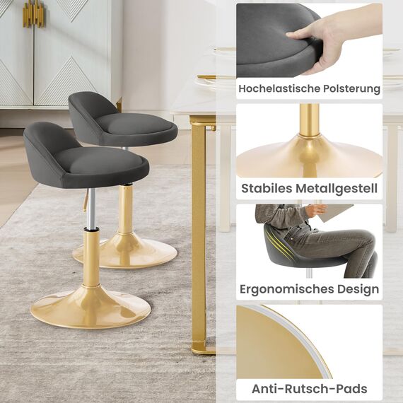 WOLTU Schminkstuhl, Hocker höhenverstellbar, Bürohocker drehbar, Esszimmerstuhl, Küchenhocker, Drehhocker, Schminkhocker, Samt, 42,5-58 cm, für Wohnzimmer Schlafzimmer,dunkelgrau,BH425dgr-1