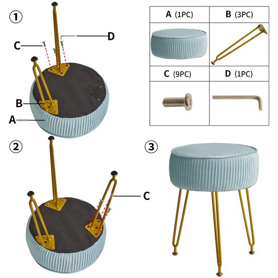 IBUYKE Samt Runde Fußstütze Hocker Ottoman, Make-up Eitelkeits Hocker Beistelltisch, Samt Ankleidetisch Sitz, Pouf Couch Hocker, goldene Stahlbeine, Blau L/G-30H