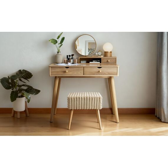 Zedelmaier Sitzhocker Hocker schminktisch Fußhocker Schminkhocker Polsterhocker gepolstert Vanity Stool Ottoman mit stabilen Holzbeinen für Wohnzimmer SchlafzimmerFlur Khaki Kunstfell 42x31x44cm