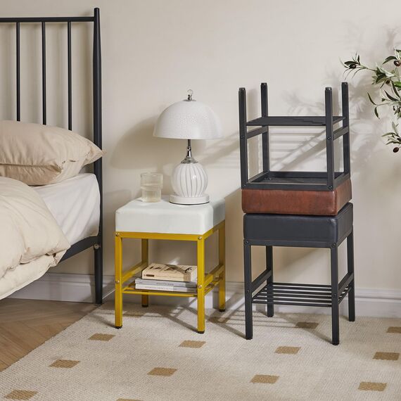 IBUYKE Quadratischer Make-up-Hocker mit justierbaren Füßen und Stauraum, Fußstützenstuhl, PU-Sitz Eitelkeitshocker, Multi-Use als Kleiner Beistelltisch oder Ottoman, für Schlafzimmer, Weiß L/G-60W