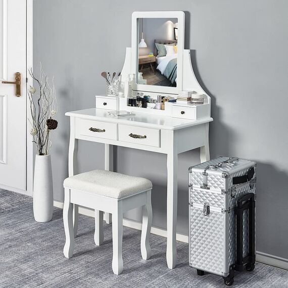 Mondeer Hocker Schminktisch, Schminkhocker, Sitzhocker Gepolstert, Rosenmuster Klavierhocker MDF Holz für Ankleidezimmer Schlafzimmer Eingang Flure, Weiß