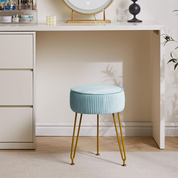 IBUYKE Samt Runde Fußstütze Hocker Ottoman, Make-up Eitelkeits Hocker Beistelltisch, Samt Ankleidetisch Sitz, Pouf Couch Hocker, goldene Stahlbeine, Blau L/G-30H