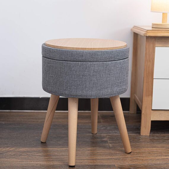 Theo&Cleo Hocker mit Stauraum,Sitzhocker Holzbeine,Runder Hoher Schemel,Aufbewahrung Schlafzimmer mit Deckel,Schminktisch Stuhl,Fußhocker für Wohnzimmer,Soft Sitzkissen aus Linen,36cm*36cm*45cm Grau