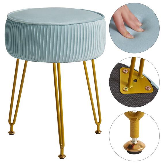 IBUYKE Samt Runde Fußstütze Hocker Ottoman, Make-up Eitelkeits Hocker Beistelltisch, Samt Ankleidetisch Sitz, Pouf Couch Hocker, goldene Stahlbeine, Blau L/G-30H