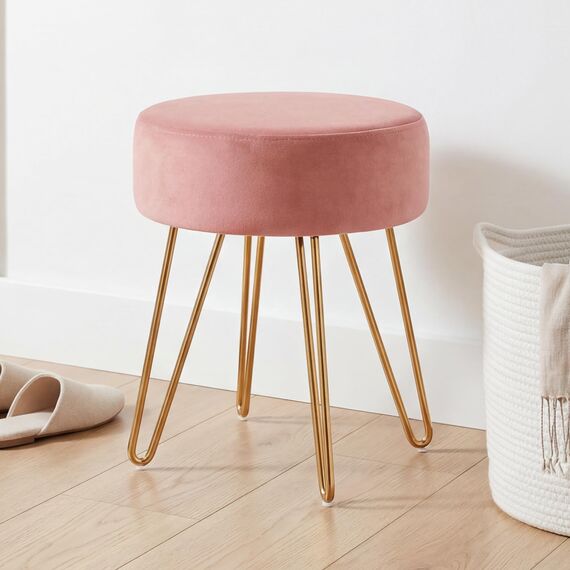 Duhome Sitzhocker Schminktisch Hocker Samt Hocker Runder Ottoman Hocker Gepolsterter Hocker mit Metallbeine für Schminktisch Wohnzimmer Schlafzimmer, Hellrosa