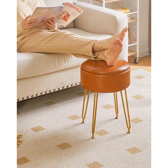 IBUYKE Faux Leder Runde Fußlehne Hocker mit Lagerung Ottoman, Make-up Eitelkeit Stuhl Seitentisch, PU Umkleidetisch Sitz, abnehmbare Abdeckung, goldene Stahlbeine, Hellbraun WBD024J