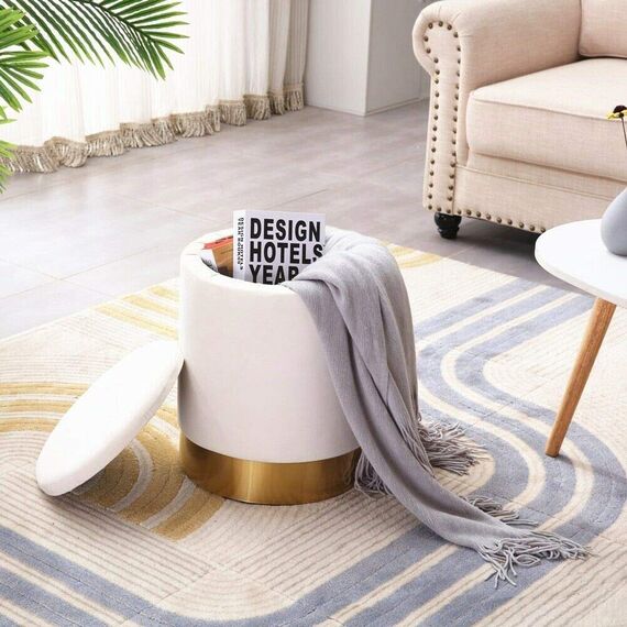 Mxfurhawa Vanity Runde Ottomane Samt Fußstütze Hocker, gepolsterter moderner Hocker mit Stauraum, goldener Stahlboden, abnehmbarer Deckel für Schlafzimmer Wohnzimmer (weiß)