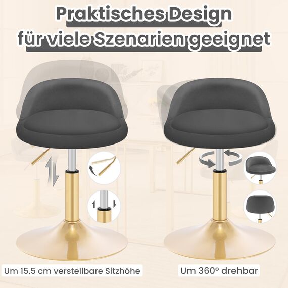 WOLTU Schminkstuhl, Hocker höhenverstellbar, Bürohocker drehbar, Esszimmerstuhl, Küchenhocker, Drehhocker, Schminkhocker, Samt, 42,5-58 cm, für Wohnzimmer Schlafzimmer,dunkelgrau,BH425dgr-1