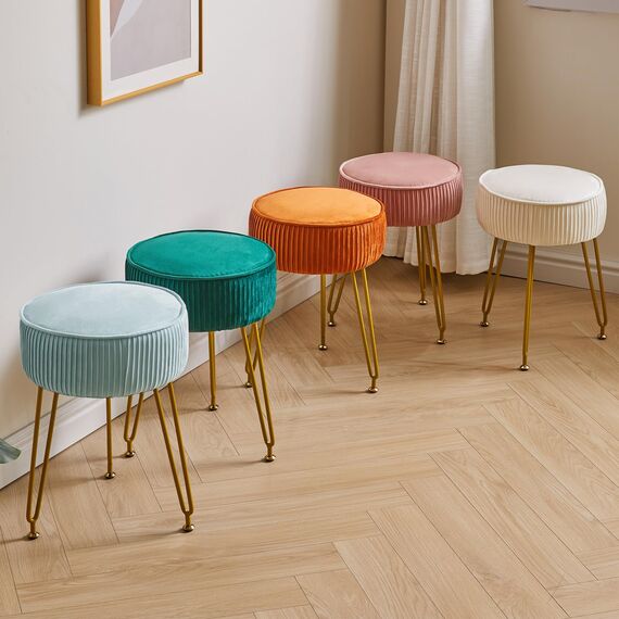 IBUYKE Samt Runde Fußstütze Hocker Ottoman, Make-up Eitelkeits Hocker Beistelltisch, Samt Ankleidetisch Sitz, Pouf Couch Hocker, goldene Stahlbeine, Blau L/G-30H