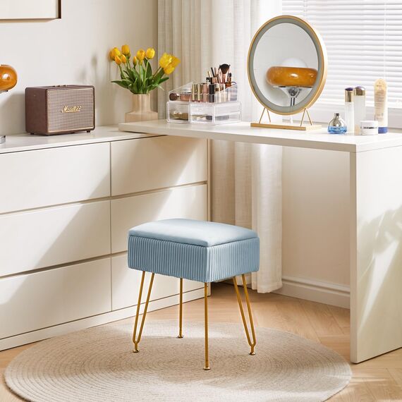 YMYNY Schminkhocker Stuhl mit Stauraum, quadratischer Hocker aus Samt, moderner multifunktionaler Make-up-Hocker für Schlafzimmer, Wohnzimmer, Büro, goldene Beine, 40 x 29.5 x 48 cm, Graublau HBD024G