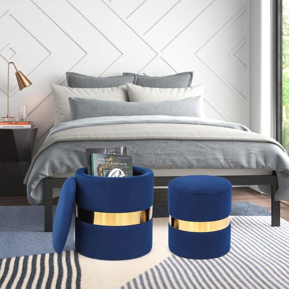 Joveco Runde Ottomane aus Samt, 2er-Set, Fußstütze, gepolsterter Fußhocker, Beistelltisch, Sitz, Make-up-Hocker mit Metallband (blau)