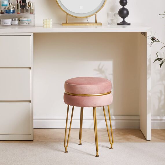 IBUYKE moderner Samt runder Fußstock Ottoman, Eitelkeitsstuhl für Make-up-Raum, Eitelkeitsstock Fußstütze mit Goldbeinen, Moderne Accet Hocker für Schlafzimmer, Wohnzimmer, Eingang, Rosa L/G-40P