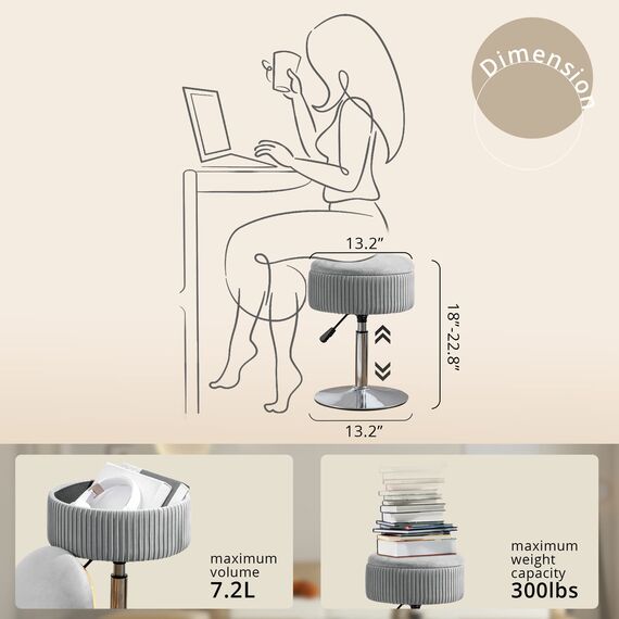 LUE BONA 360° drehbarer Schminktischstuhl für Make-up-Raum, höhenverstellbarer Hocker für Schminktisch mit Stauraum, kleiner grauer Samt-Kosmetikhocker für Badezimmer, Wohnzimmer