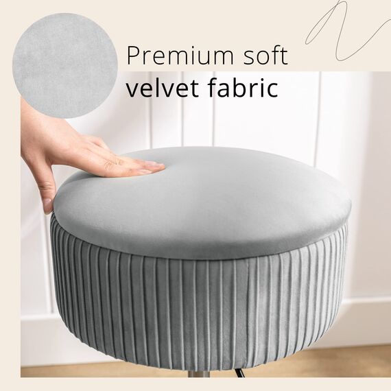 LUE BONA 360° drehbarer Schminktischstuhl für Make-up-Raum, höhenverstellbarer Hocker für Schminktisch mit Stauraum, kleiner grauer Samt-Kosmetikhocker für Badezimmer, Wohnzimmer