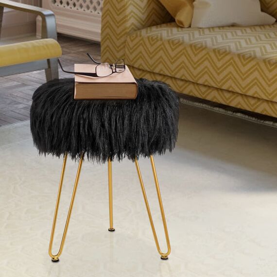 Fußstütze Hocker Rund Samt Aufbewahrung Moderner Ottoman Gepolsterter Schminktisch Fußhocker Hocker Beistelltisch Sitz Schminkstuhl mit Golden Metallbeinablage Top Couchtisch (F Schwarz)