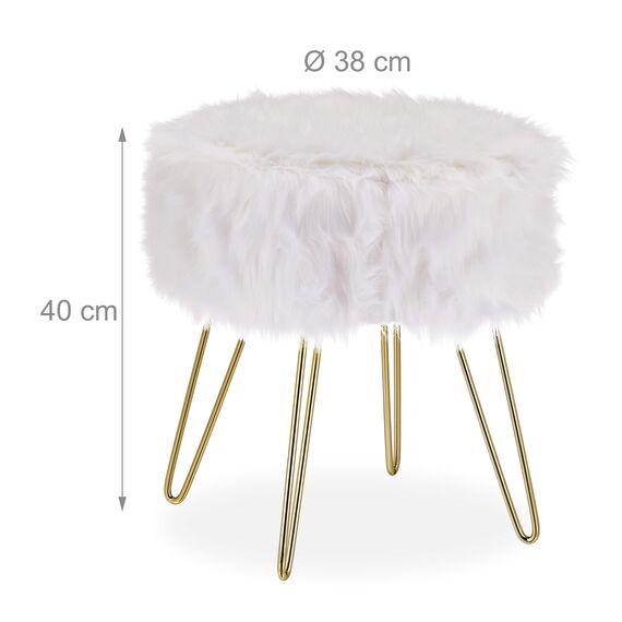 Relaxdays Fellhocker, Kunstfell, Metallgestell, rund, flauschig, eleganter Schminktischhocker, HxD 40 x 38 cm, weiß/Gold