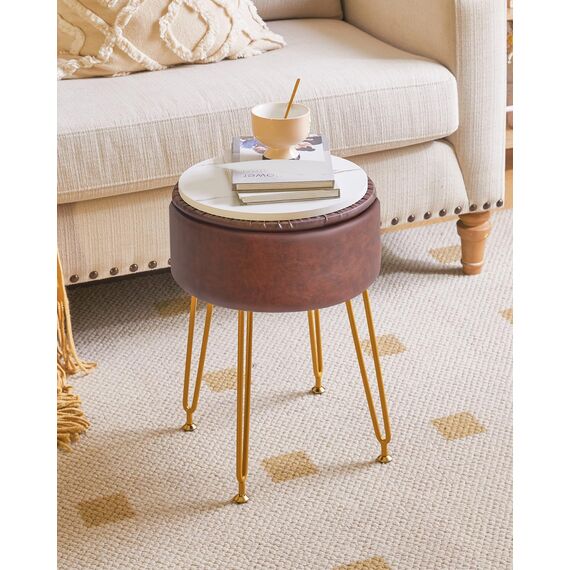 IBUYKE Faux Leder Runde Fußlehne Hocker mit Lagerung Ottoman, Make-up Eitelkeit Stuhl Seitentisch, PU Umkleidetisch Sitz, abnehmbare Abdeckung, goldene Stahlbeine, Dunkelbraun WBD024Z