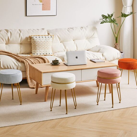 IBUYKE moderner Samt runder Fußstock Ottoman, Eitelkeitsstuhl für Make-up-Raum, Eitelkeitsstock Fußstütze mit Goldbeinen, Moderne Accet Hocker für Schlafzimmer, Wohnzimmer, Eingang, Rosa L/G-40P