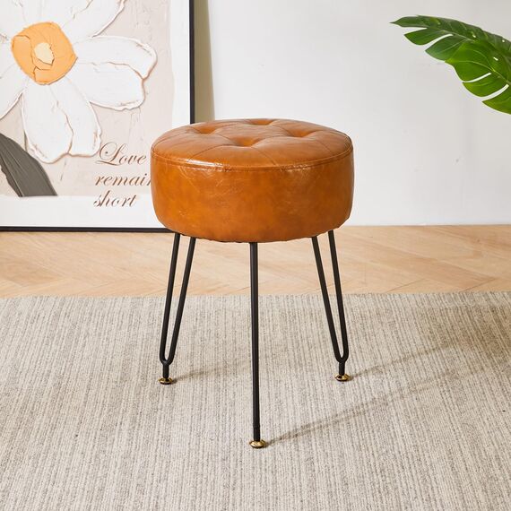 IBUYKE Runde Fußstütze aus Kunstleder, Make-up-Hocker, PU-Schminktisch, Sitzpuff, Couchhocker, goldene Stahlbeine, Hellbraun L/G-31J
