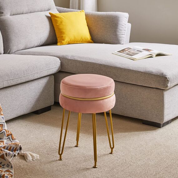 IBUYKE moderner Samt runder Fußstock Ottoman, Eitelkeitsstuhl für Make-up-Raum, Eitelkeitsstock Fußstütze mit Goldbeinen, Moderne Accet Hocker für Schlafzimmer, Wohnzimmer, Eingang, Rosa L/G-40P