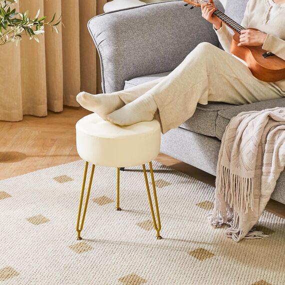 IBUYKE LG-31W Runder Fußstützen-Hocker, Make-up-Hocker, Beistelltisch, PU-Schminktisch, Sitzpuff, Couchhocker, goldene Stahlbeine, Weiß