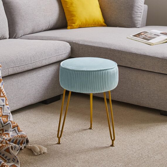 IBUYKE Samt Runde Fußstütze Hocker Ottoman, Make-up Eitelkeits Hocker Beistelltisch, Samt Ankleidetisch Sitz, Pouf Couch Hocker, goldene Stahlbeine, Blau L/G-30H