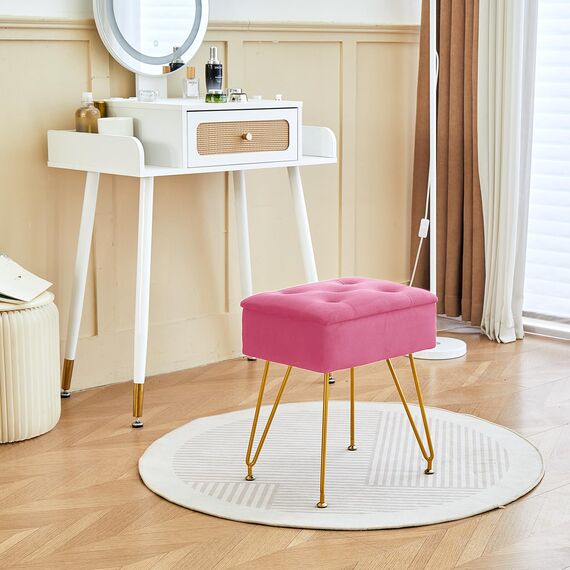 ALeesing Schminkhocker mit Stauraum, quadratischer Samt-Make-up-Schminkstuhl mit Metallbeinen und verstellbaren goldfarbenen Füßen, Klapp-Top-Ottomane, Fußstütze mit weich gepolstertem Sitz für