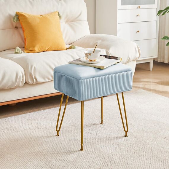 YMYNY Schminkhocker Stuhl mit Stauraum, quadratischer Hocker aus Samt, moderner multifunktionaler Make-up-Hocker für Schlafzimmer, Wohnzimmer, Büro, goldene Beine, 40 x 29.5 x 48 cm, Graublau HBD024G
