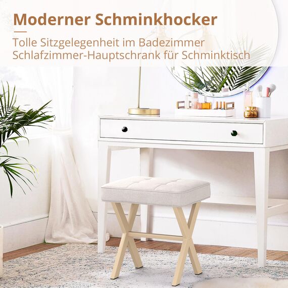 LUE BONA Fußhocker,Make-up Hocker mit X-Bein,Polsterhocker,Schminkhocker,Ottoman Sitz Fußstütze Hocker,Leinen Sitzhocker für Wohnzimmer,Schlafzimmer,43 x 33 x 46 cm,Leinen-Sand