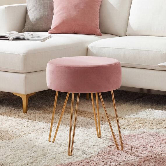 Duhome Sitzhocker Schminktisch Hocker Samt Hocker Runder Ottoman Hocker Gepolsterter Hocker mit Metallbeine für Schminktisch Wohnzimmer Schlafzimmer, Hellrosa