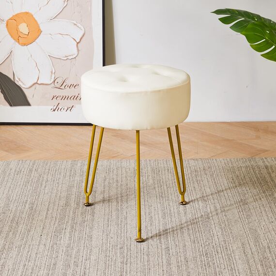 IBUYKE LG-31W Runder Fußstützen-Hocker, Make-up-Hocker, Beistelltisch, PU-Schminktisch, Sitzpuff, Couchhocker, goldene Stahlbeine, Weiß