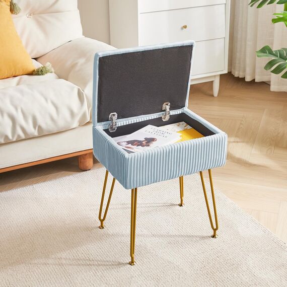 YMYNY Schminkhocker Stuhl mit Stauraum, quadratischer Hocker aus Samt, moderner multifunktionaler Make-up-Hocker für Schlafzimmer, Wohnzimmer, Büro, goldene Beine, 40 x 29.5 x 48 cm, Graublau HBD024G