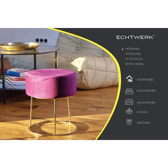 ECHTWERK runder Sitzhocker Marilyn, Polsterhocker aus Samtstoff, Schminkhocker mit Metallbeinen in Gold, Hocker geeignet für Schlaf- und Wohnzimmer, Fußhocker bis 150 kg belastbar, Beere