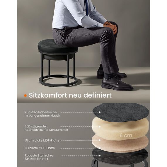 SONGMICS Home LUIZ Kollektion - Sitzhocker rund, Schminkhocker, Fußhocker, Oberteil wendbar, Hocker, Beistelltisch bis 300 kg belastbar, Schlafzimmer Wohnzimmer Flur, tintenschwarz LOM080B01