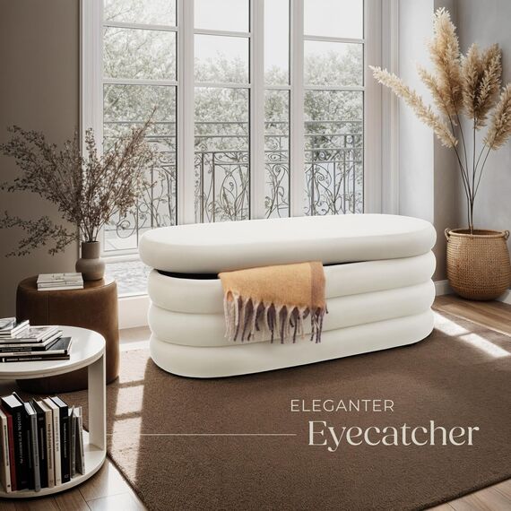 tectake® Sitzbank mit Stauraum, Sitzhocker, Hocker mit Stauraum, Pouf, Polsterhocker, Sitztruhe, Truhe mit Deckel, Truhenbank mit Stauraum, Möbel Wohnzimmer, 110 x 45 x 42 cm - Samtoptik Creme-weiß