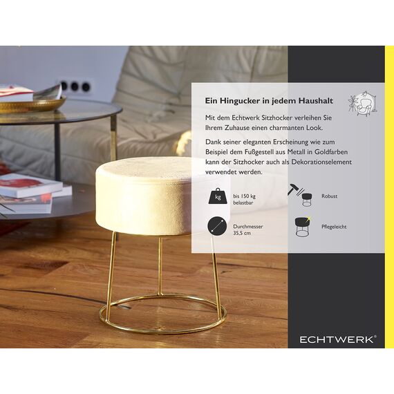 ECHTWERK runder Sitzhocker Marilyn, Polsterhocker aus Samtstoff, Schminkhocker mit Metallbeinen in Gold, Hocker geeignet für Schlaf- und Wohnzimmer, Fußhocker bis 150 kg belastbar, Creme