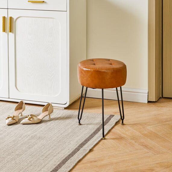 IBUYKE Runde Fußstütze aus Kunstleder, Make-up-Hocker, PU-Schminktisch, Sitzpuff, Couchhocker, goldene Stahlbeine, Hellbraun L/G-31J