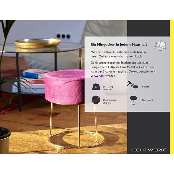 ECHTWERK runder Sitzhocker Marilyn, Polsterhocker aus Samtstoff, Schminkhocker mit Metallbeinen in Gold, Hocker geeignet für Schlaf- und Wohnzimmer, Fußhocker bis 150 kg belastbar, Beere